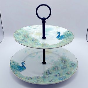 222 Fifth, Lakshmi, tiered server, peacocks/flowers, turquoise/green/gold/black